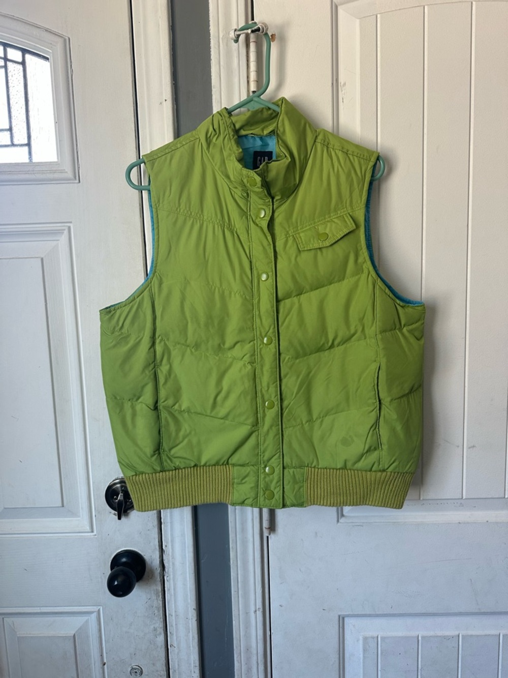 GAP Y2K Gorpcore Lime Green Down Puffer Vest with Sky Blue Lining - Large